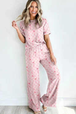 Hot Dear-Lover Bow Knot Polka Dot Print Short Sleeve Top Lounge Set Pink