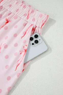 Hot Dear-Lover Bow Knot Polka Dot Print Short Sleeve Top Lounge Set Pink