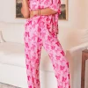 Best Dear-Lover Bow Knot Print Lapel Collar Short Sleeve and Pants Pajamas Set Pink