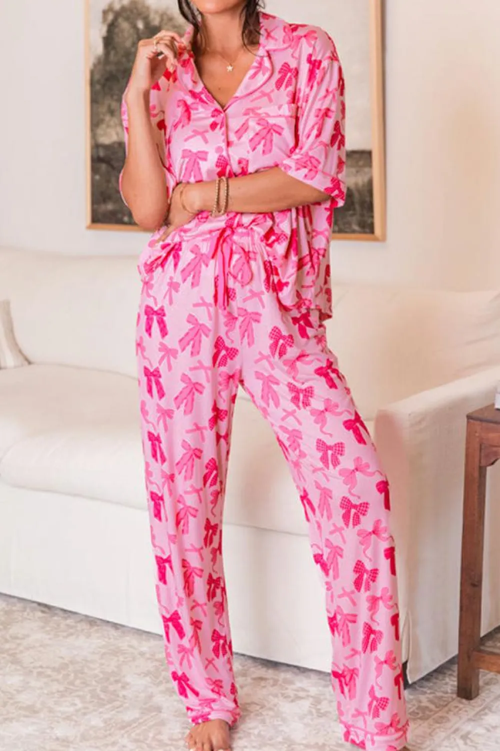 Best Dear-Lover Bow Knot Print Lapel Collar Short Sleeve and Pants Pajamas Set Pink