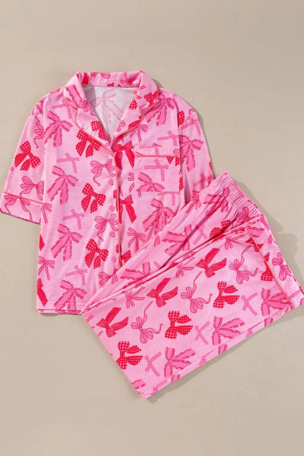 Best Dear-Lover Bow Knot Print Lapel Collar Short Sleeve and Pants Pajamas Set Pink