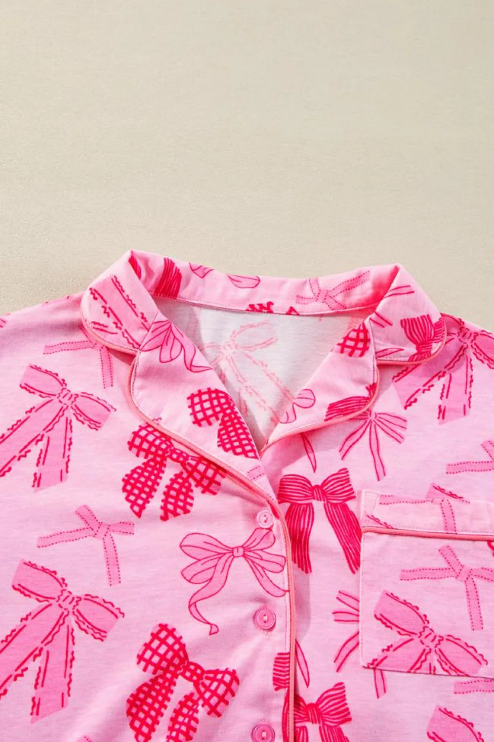 Best Dear-Lover Bow Knot Print Lapel Collar Short Sleeve and Pants Pajamas Set Pink