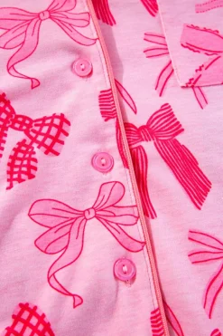 Best Dear-Lover Bow Knot Print Lapel Collar Short Sleeve and Pants Pajamas Set Pink