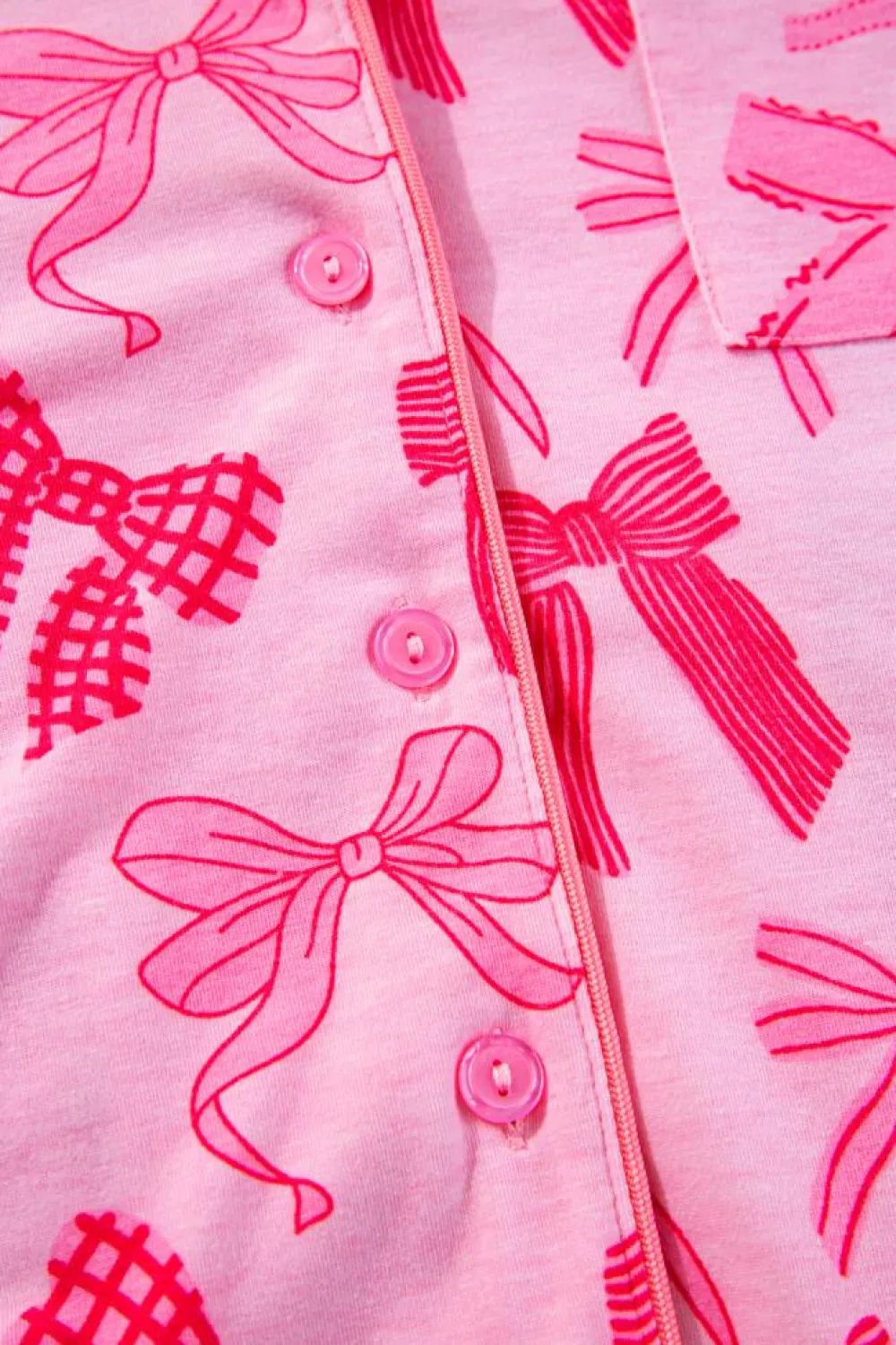 Best Dear-Lover Bow Knot Print Lapel Collar Short Sleeve and Pants Pajamas Set Pink