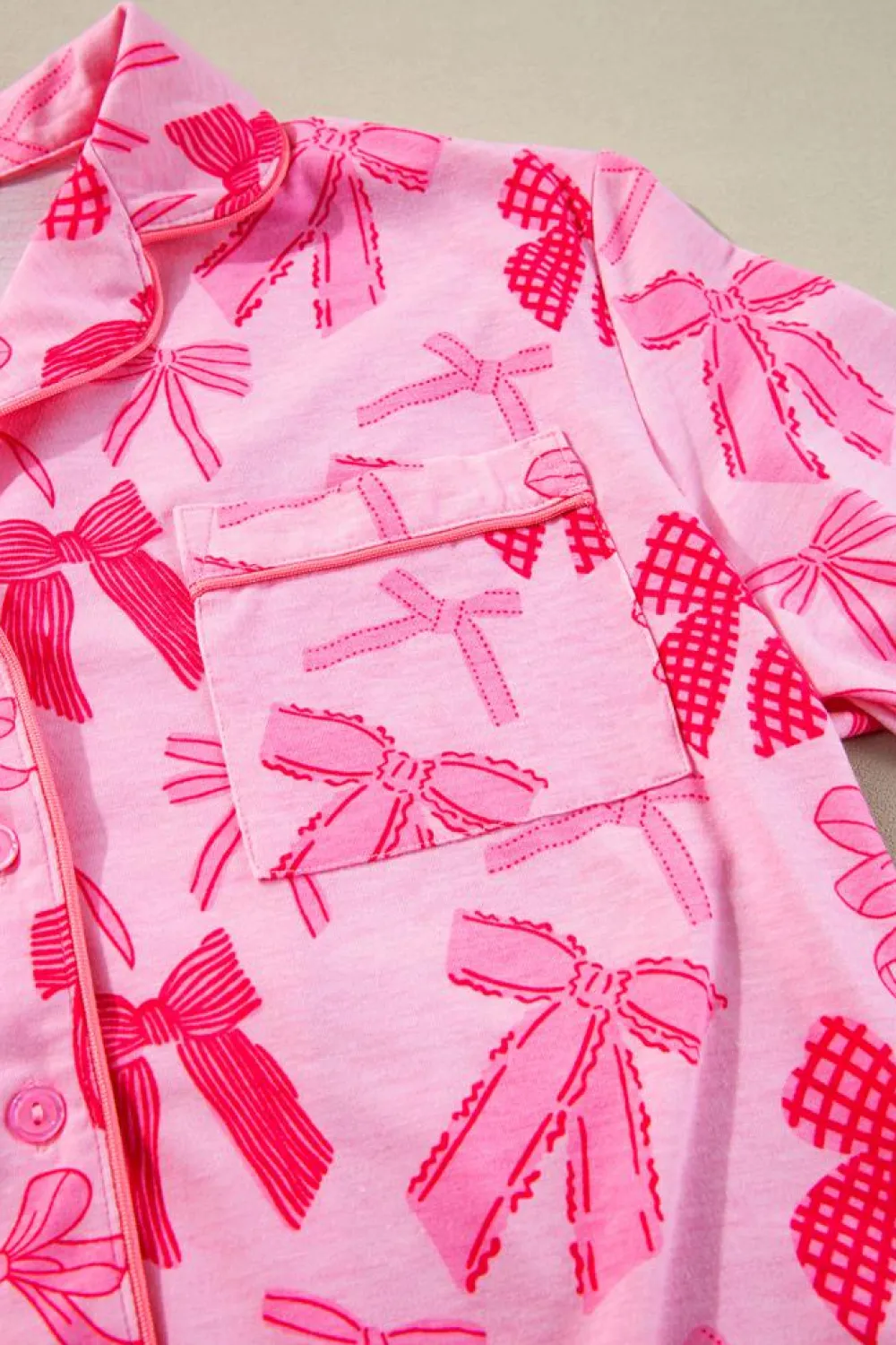 Best Dear-Lover Bow Knot Print Lapel Collar Short Sleeve and Pants Pajamas Set Pink
