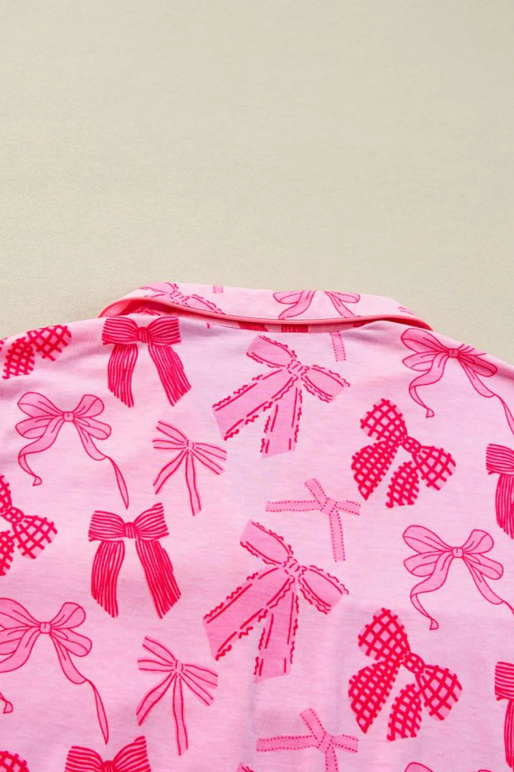 Best Dear-Lover Bow Knot Print Lapel Collar Short Sleeve and Pants Pajamas Set Pink
