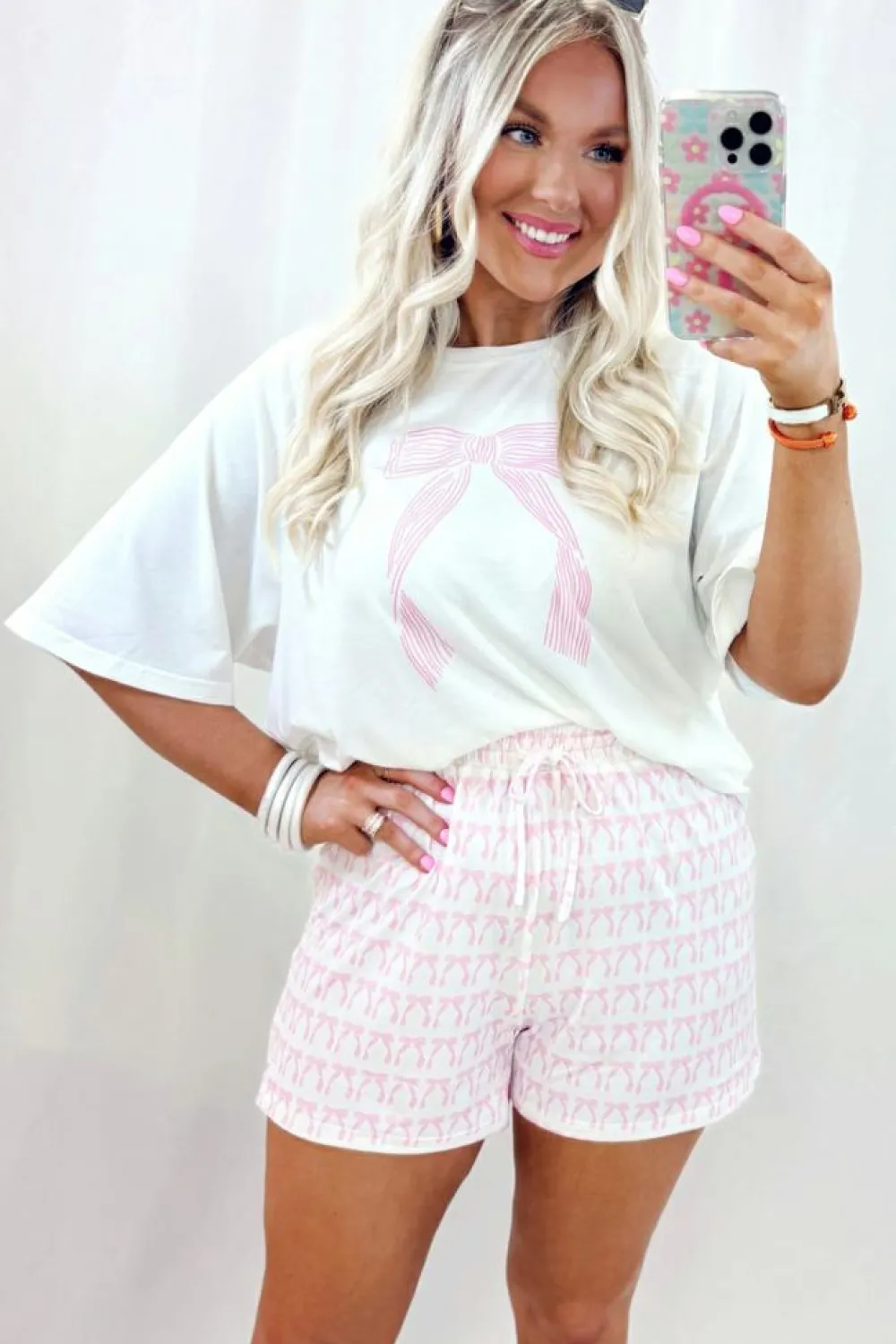 Fashion Dear-Lover Bow Knot Print Loose Fit Two Piece Casual Lounge Set Pink