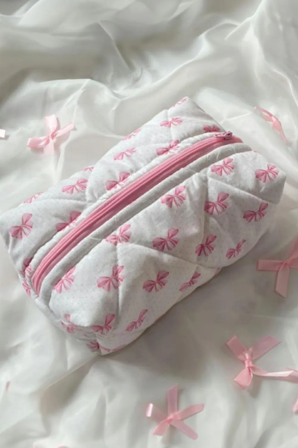 Best Dear-Lover Bow Knot Quilted Zipper Makeup Bag Pink