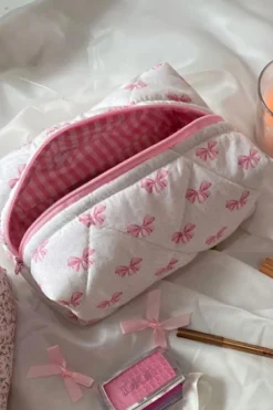 Best Dear-Lover Bow Knot Quilted Zipper Makeup Bag Pink