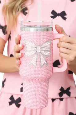 Clearance Dear-Lover Bow Knot Rhinestone Insulated Portable Cup 40oz Pink