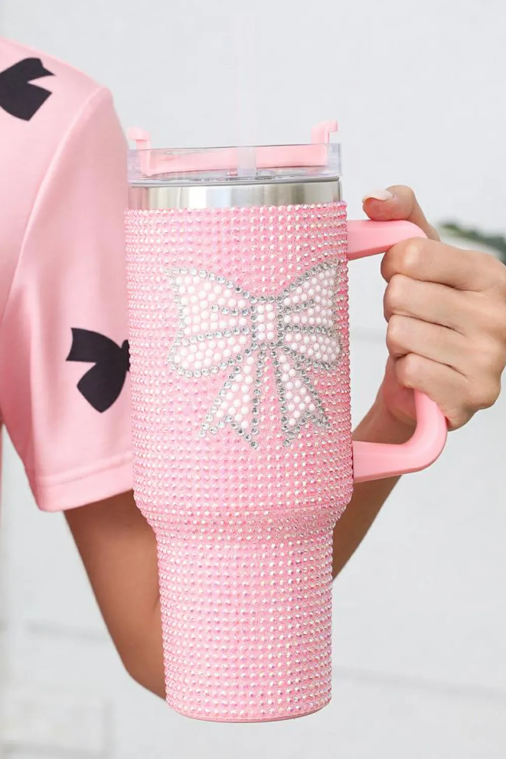 Clearance Dear-Lover Bow Knot Rhinestone Insulated Portable Cup 40oz Pink