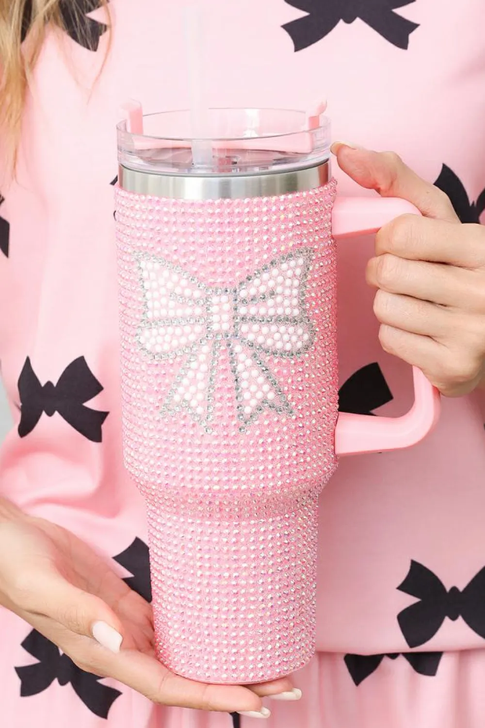 Clearance Dear-Lover Bow Knot Rhinestone Insulated Portable Cup 40oz Pink