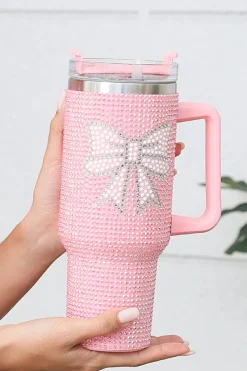 Clearance Dear-Lover Bow Knot Rhinestone Insulated Portable Cup 40oz Pink