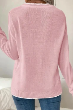 Online Dear-Lover Bow Pattern Contrast Trim Christmas Loose Graphic Sweater Pink