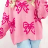 Best Dear-Lover Bow Pattern Drop Shoulder Loose Sweater Pink