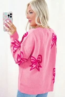 Best Dear-Lover Bow Pattern Drop Shoulder Loose Sweater Pink