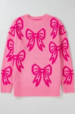 Best Dear-Lover Bow Pattern Drop Shoulder Loose Sweater Pink
