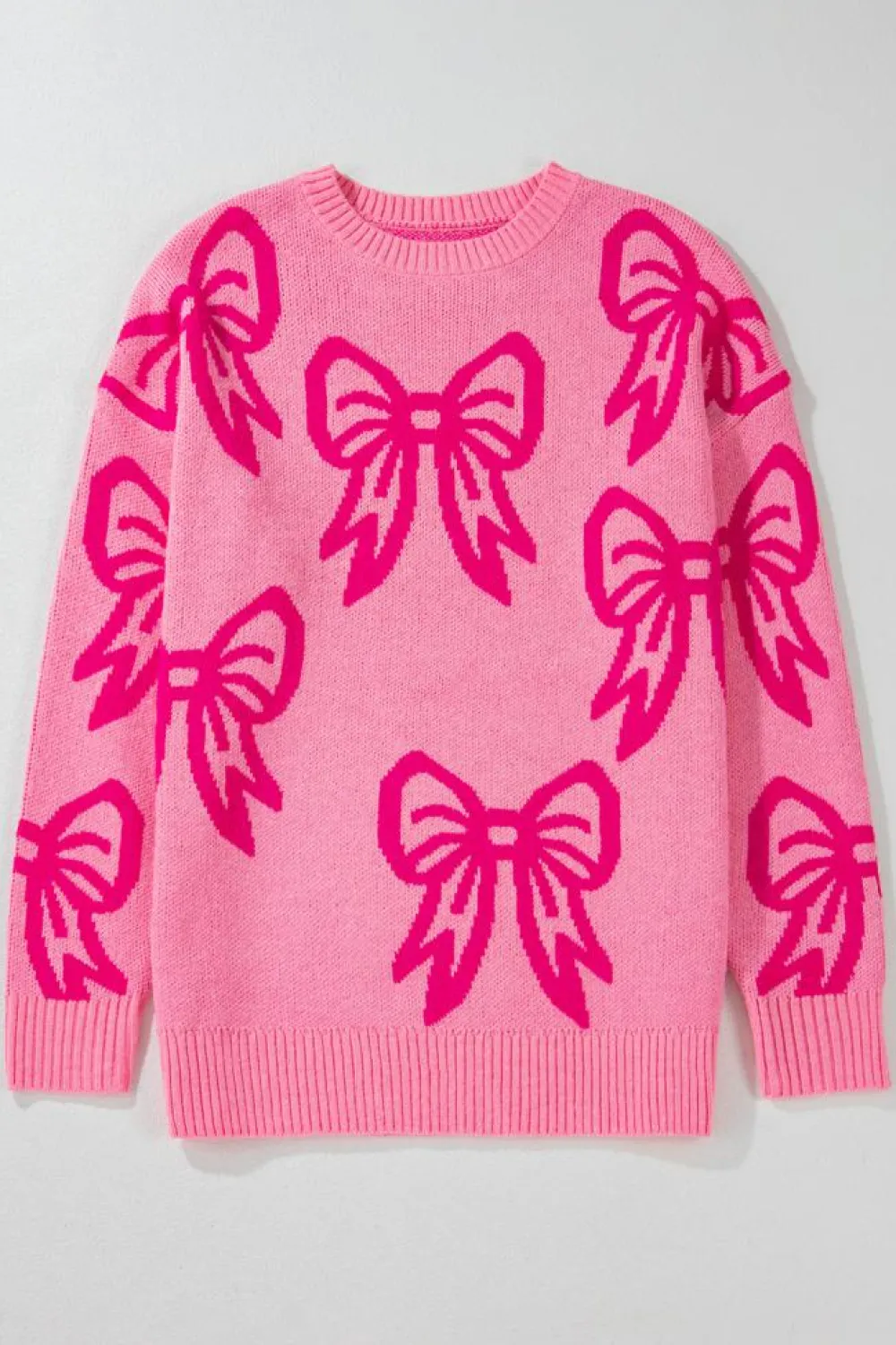 Best Dear-Lover Bow Pattern Drop Shoulder Loose Sweater Pink