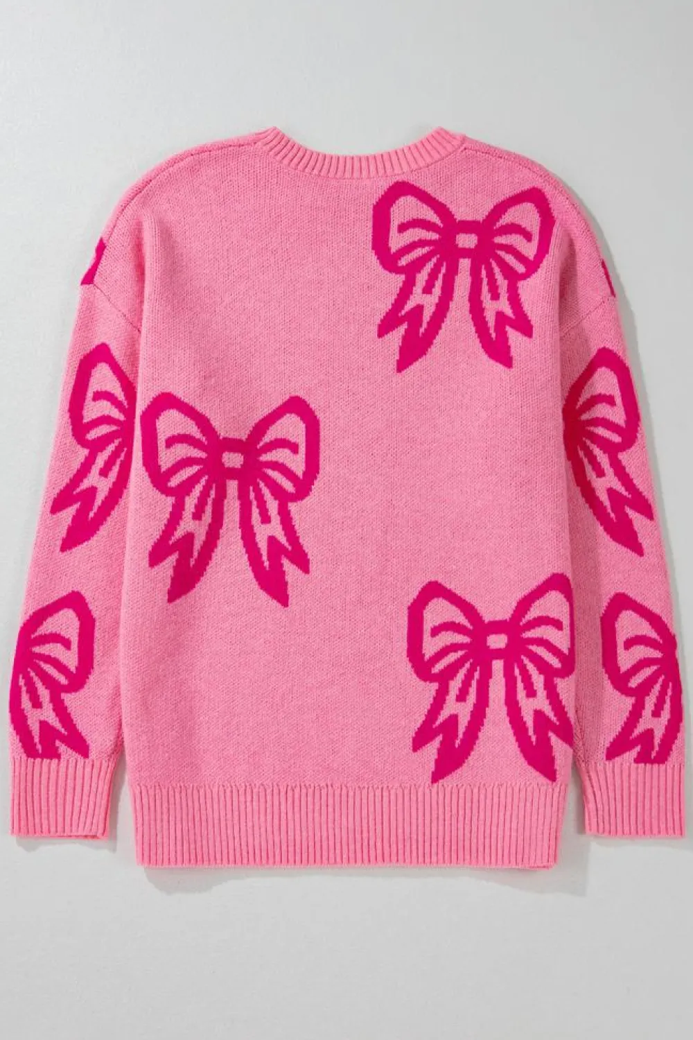 Best Dear-Lover Bow Pattern Drop Shoulder Loose Sweater Pink