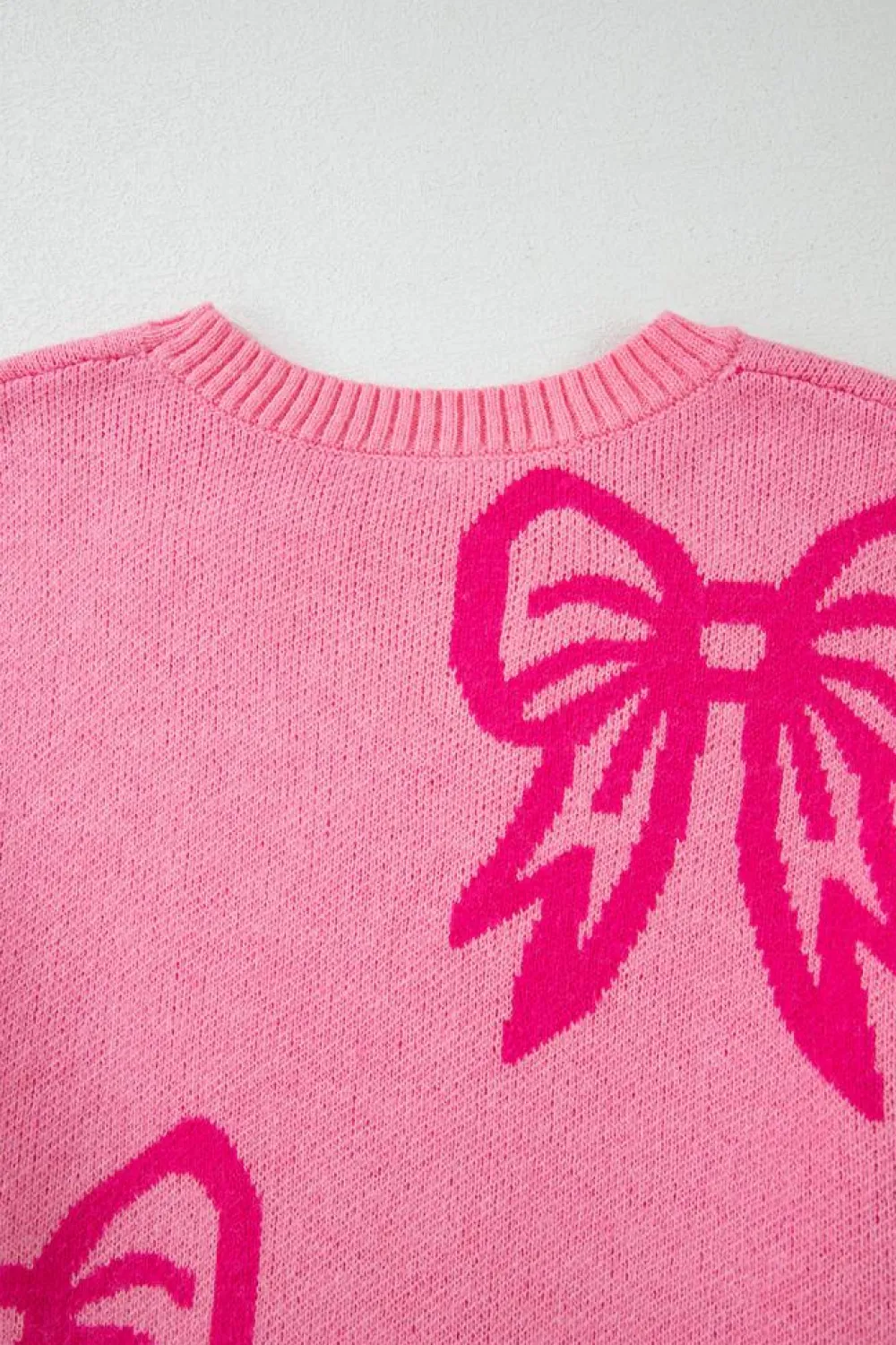 Best Dear-Lover Bow Pattern Drop Shoulder Loose Sweater Pink