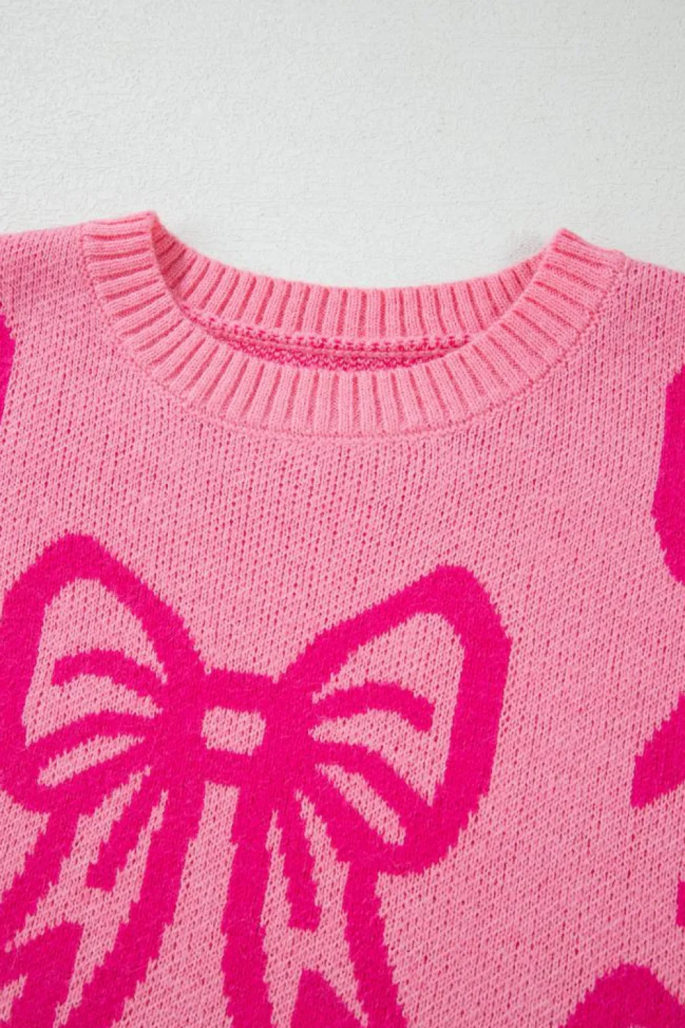 Best Dear-Lover Bow Pattern Drop Shoulder Loose Sweater Pink