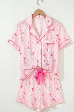 New Dear-Lover Bow Print Contrast Pipping Short Pajamas Set Pink
