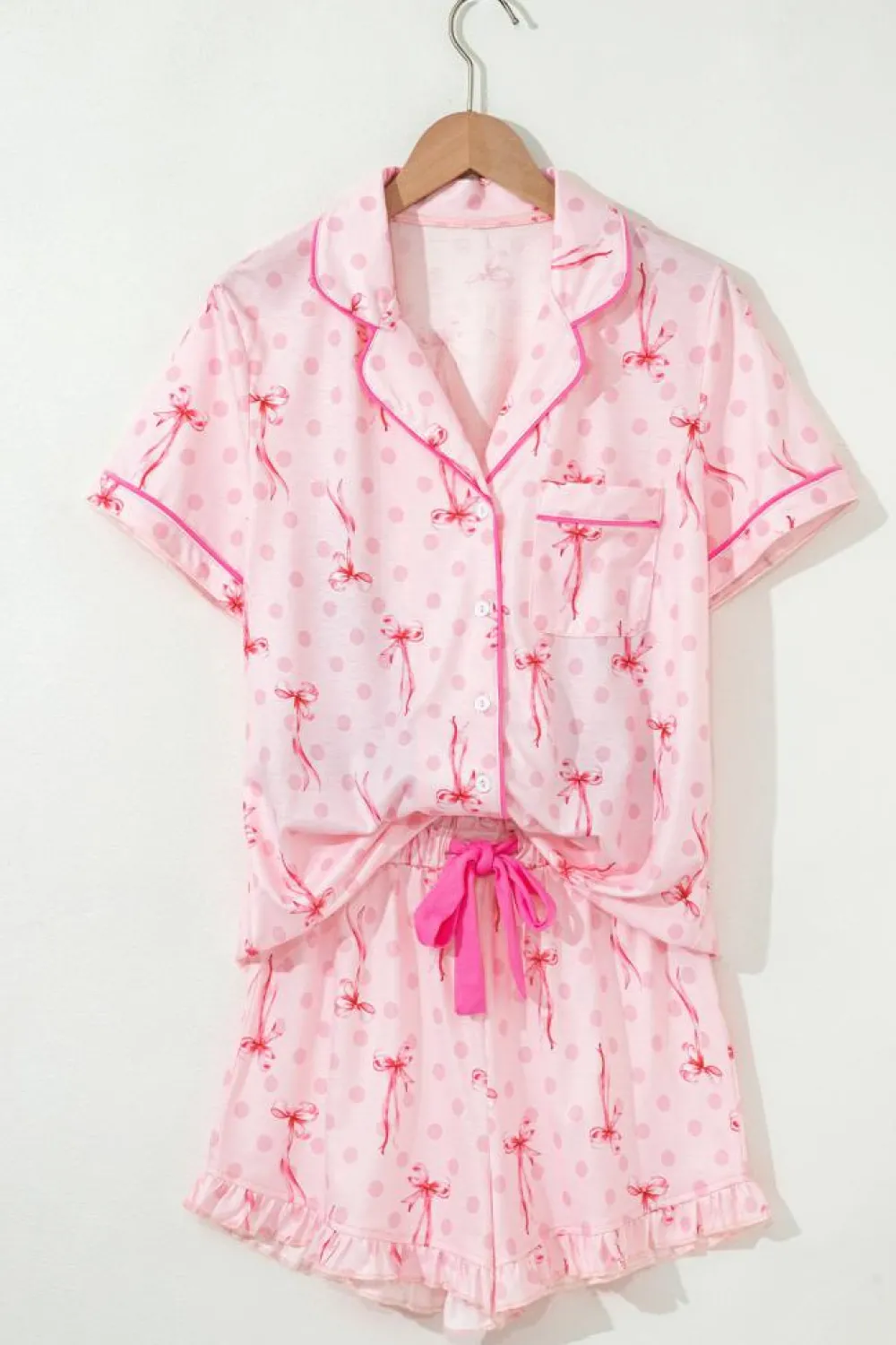New Dear-Lover Bow Print Contrast Pipping Short Pajamas Set Pink