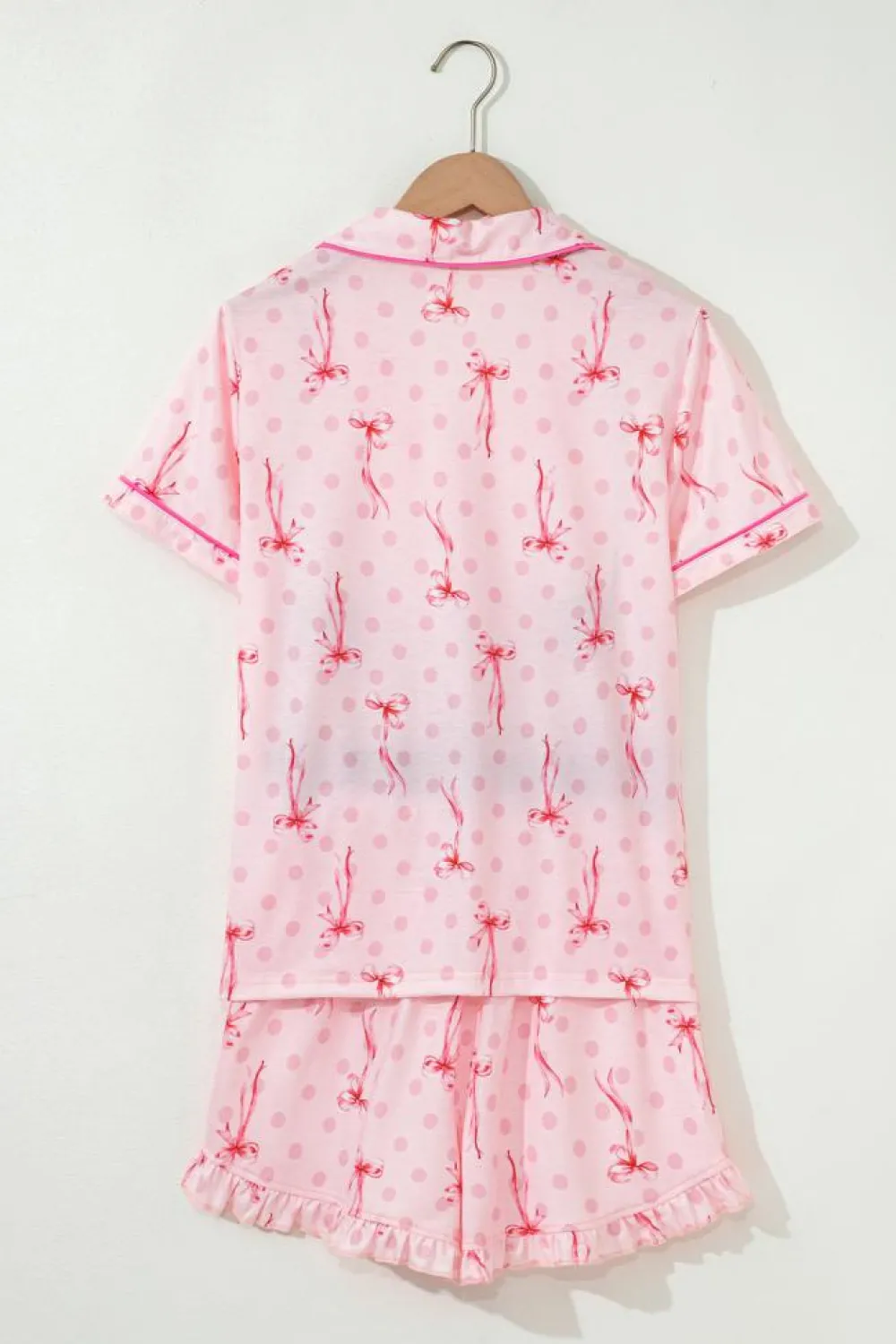 New Dear-Lover Bow Print Contrast Pipping Short Pajamas Set Pink