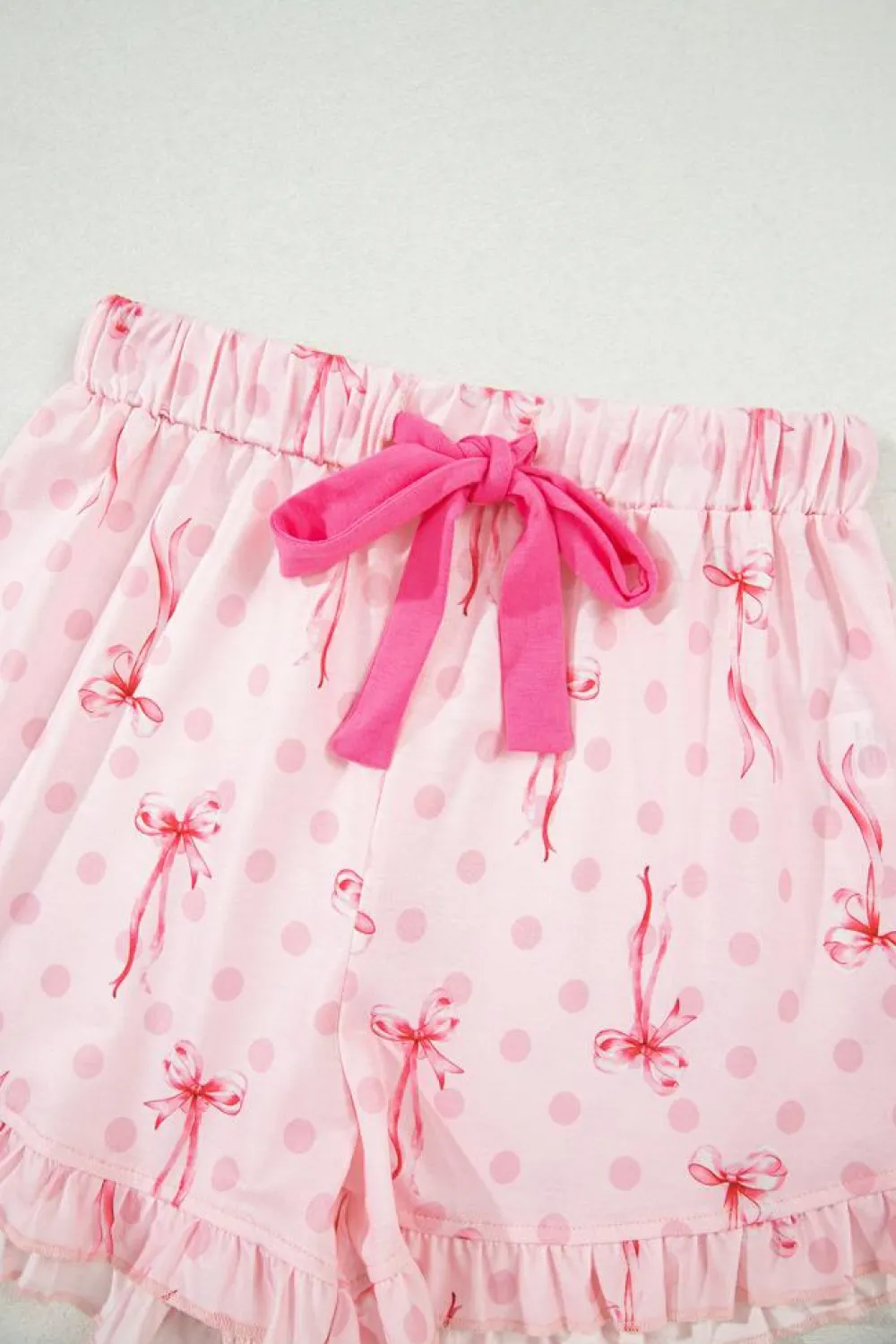 New Dear-Lover Bow Print Contrast Pipping Short Pajamas Set Pink
