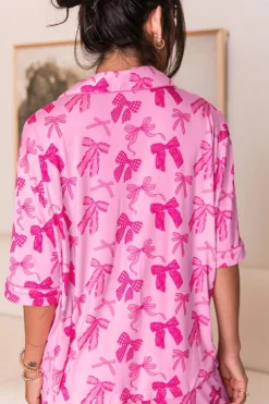 Clearance Dear-Lover Bow Print Half Sleeve Shirt and Shorts Pajamas Set Pink