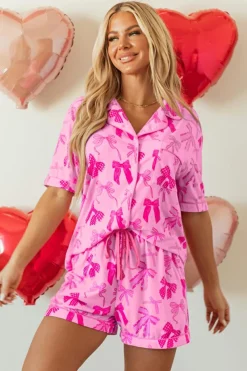 Clearance Dear-Lover Bow Print Half Sleeve Shirt and Shorts Pajamas Set Pink