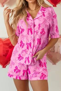Clearance Dear-Lover Bow Print Half Sleeve Shirt and Shorts Pajamas Set Pink