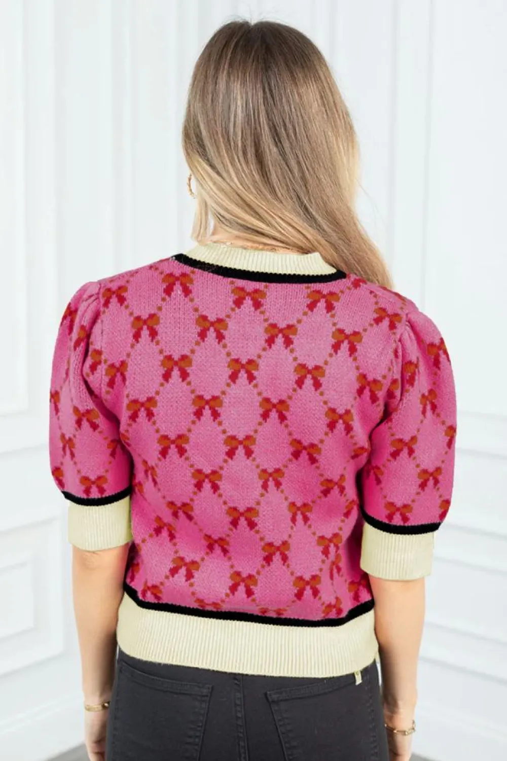 Sale Dear-Lover Bow Print Short Sleeve Sweater top Pink