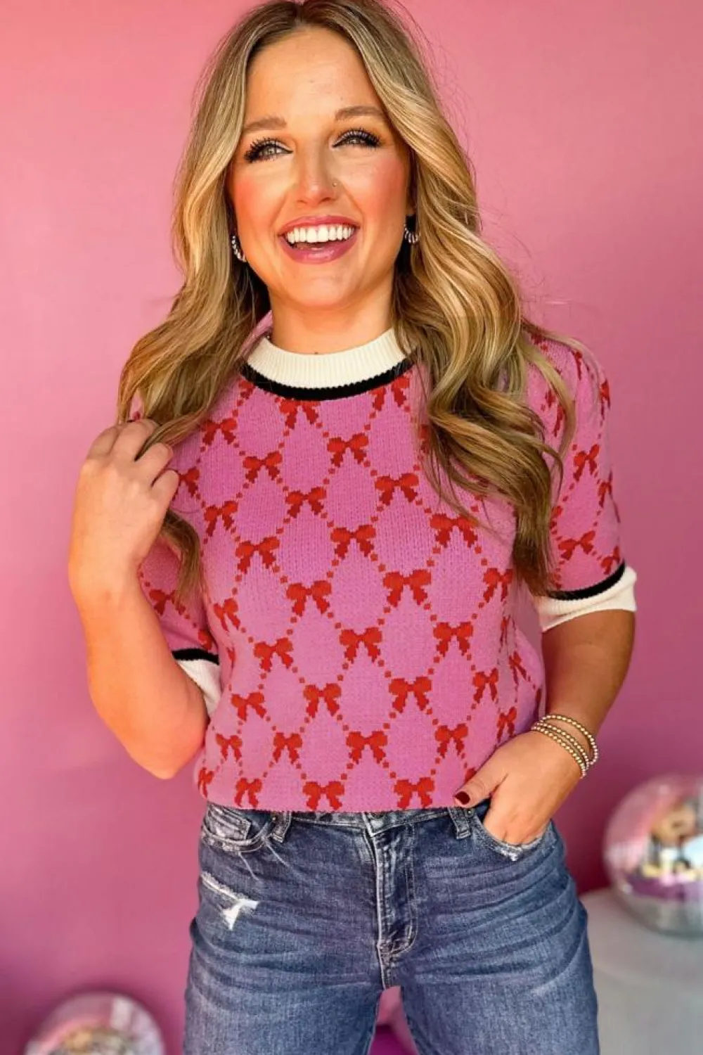 Sale Dear-Lover Bow Print Short Sleeve Sweater top Pink
