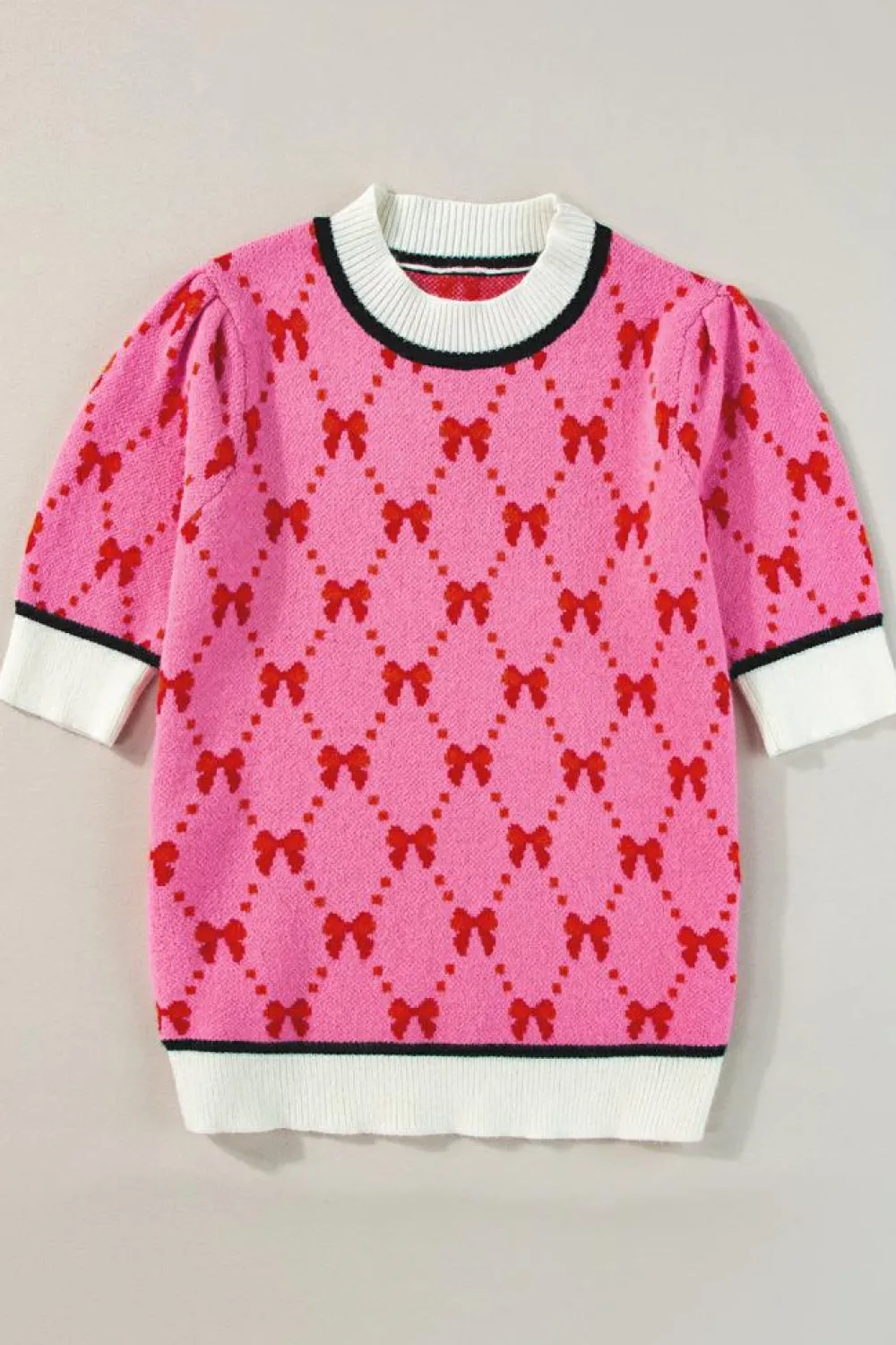 Sale Dear-Lover Bow Print Short Sleeve Sweater top Pink