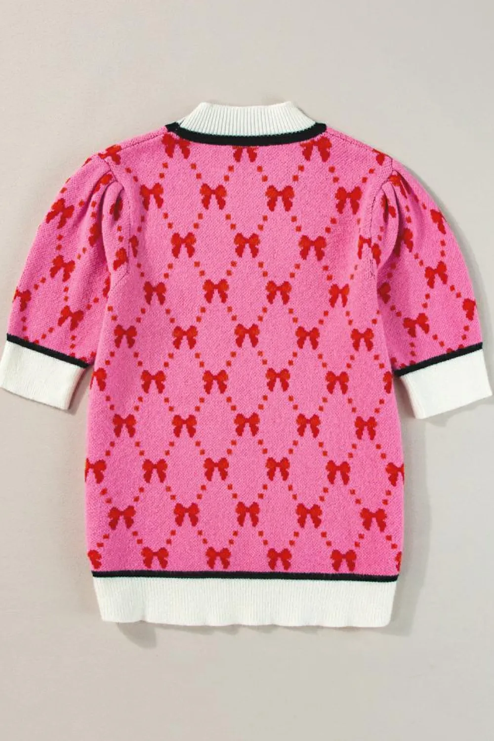 Sale Dear-Lover Bow Print Short Sleeve Sweater top Pink