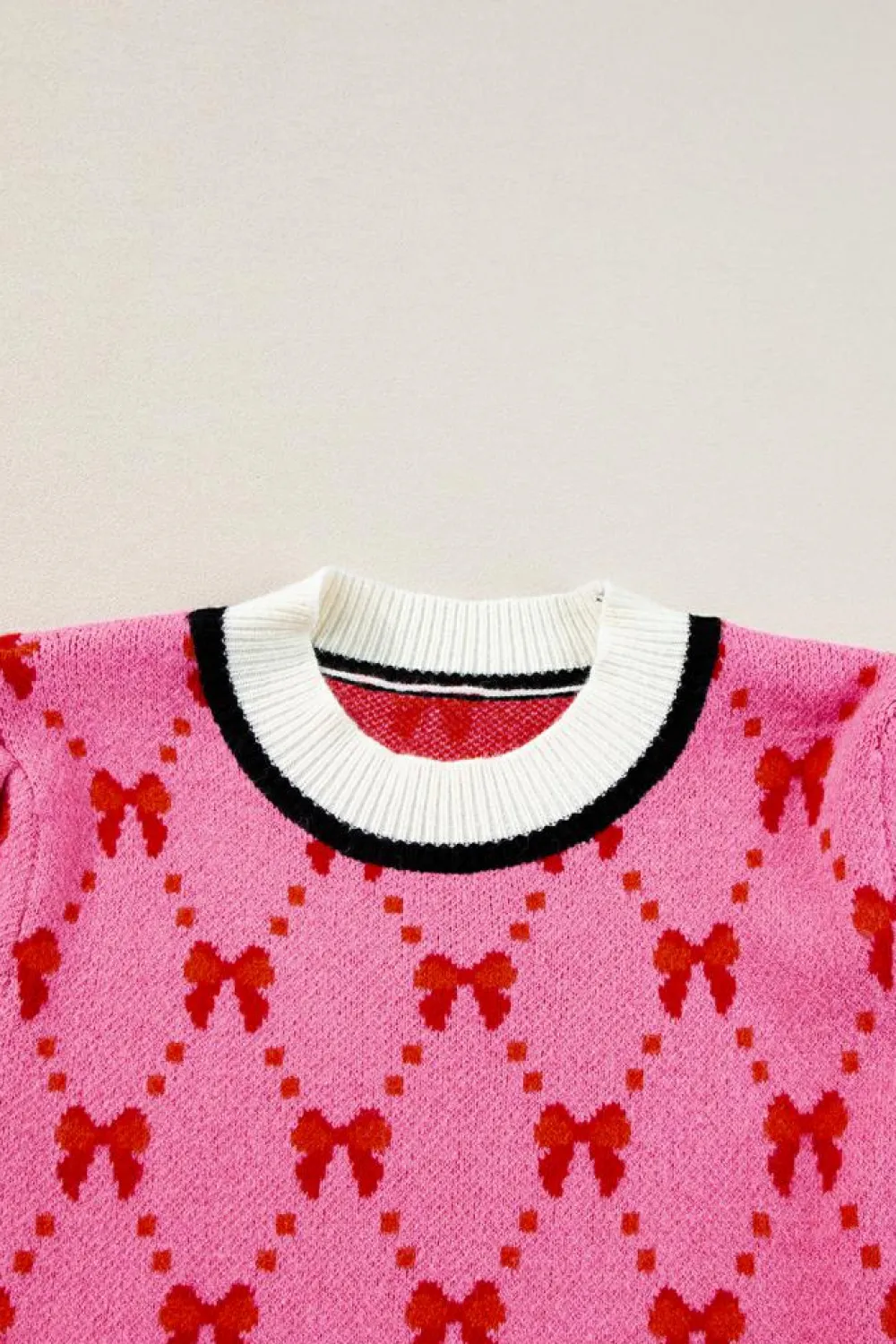 Sale Dear-Lover Bow Print Short Sleeve Sweater top Pink