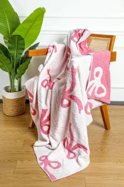 Outlet Dear-Lover Bow Printed Cozy Soft Throw Blanket Pink