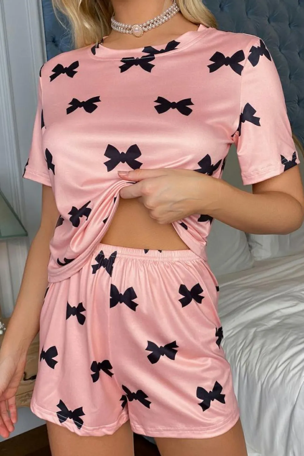 Sale Dear-Lover Bow Printed Short 2pcs Lounge Set Pink