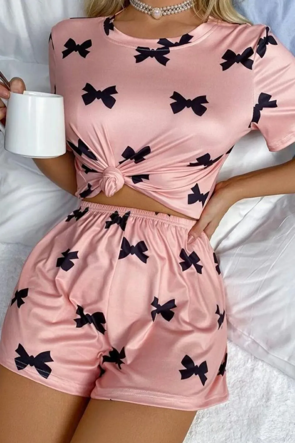 Sale Dear-Lover Bow Printed Short 2pcs Lounge Set Pink
