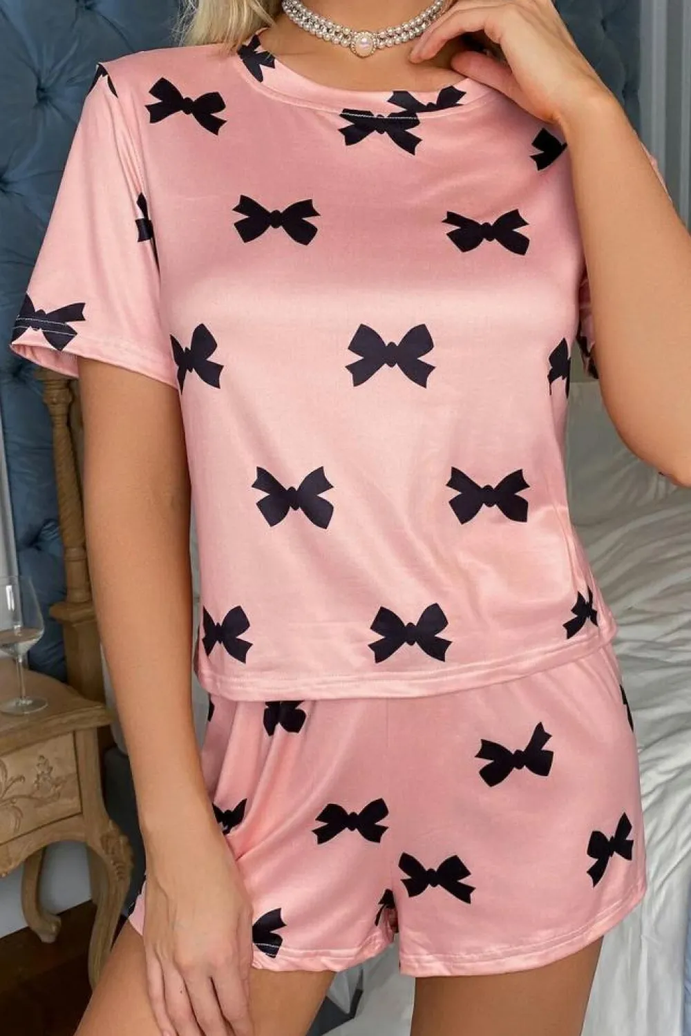 Sale Dear-Lover Bow Printed Short 2pcs Lounge Set Pink
