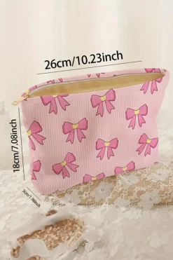 New Dear-Lover Bow Tie Print Corduroy Makeup Bag Pink