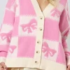 Fashion Dear-Lover Bowknot Checkered Pattern V Neck Drop Shoulder Button Up Cardigan Pink