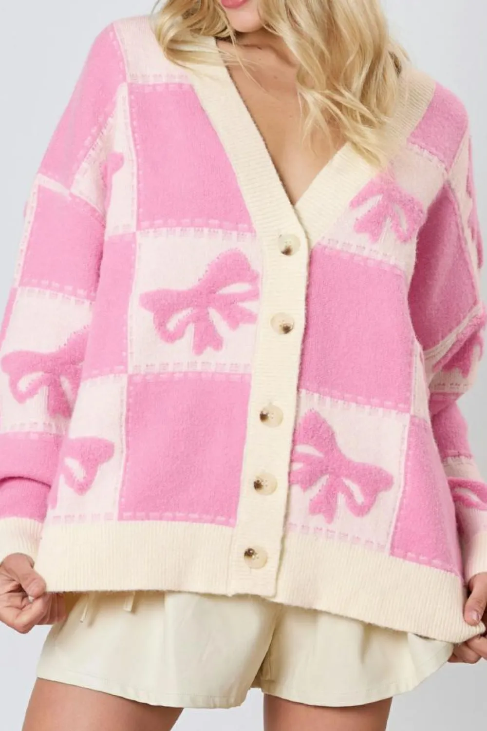 Fashion Dear-Lover Bowknot Checkered Pattern V Neck Drop Shoulder Button Up Cardigan Pink