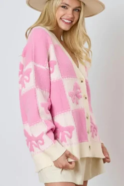 Fashion Dear-Lover Bowknot Checkered Pattern V Neck Drop Shoulder Button Up Cardigan Pink