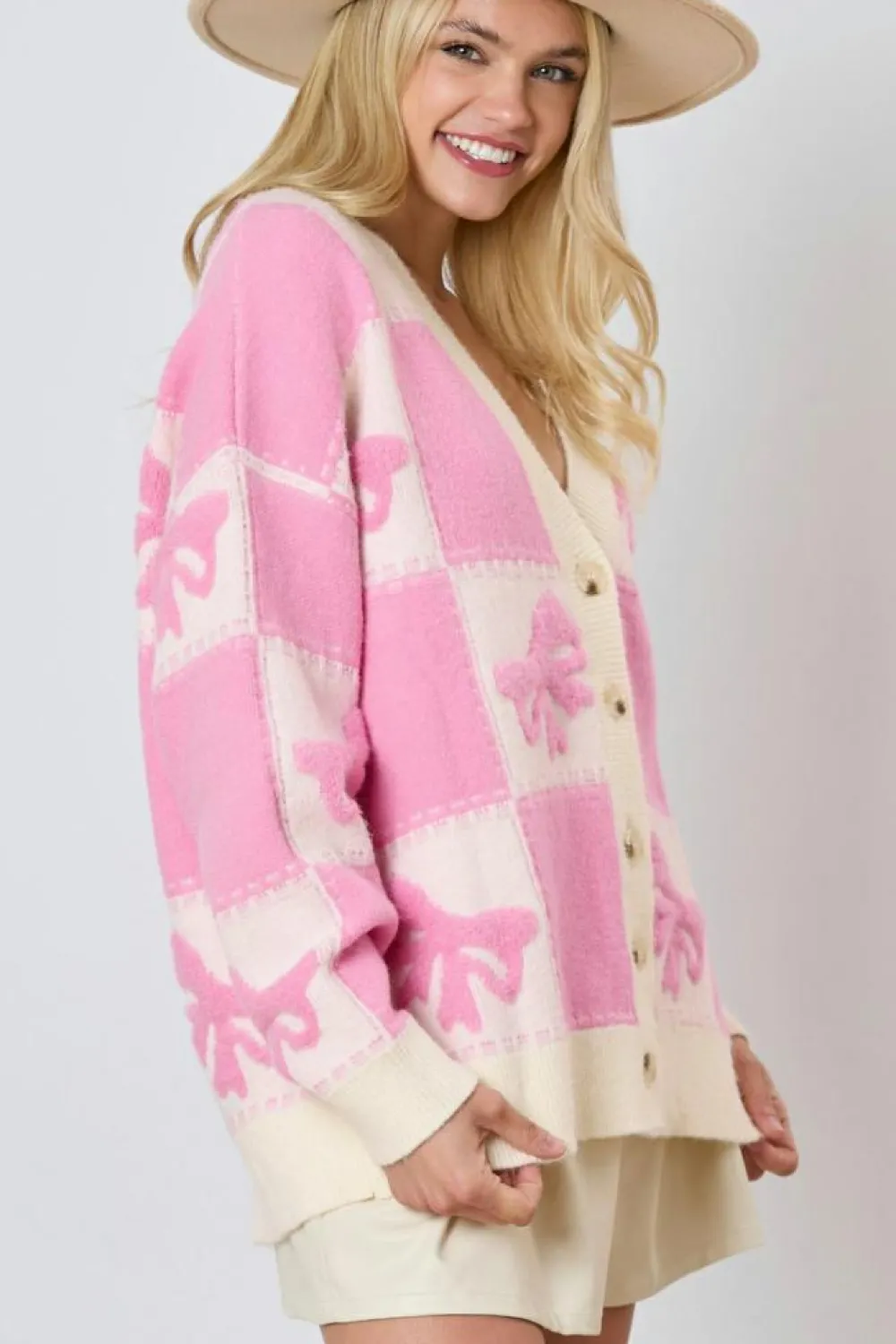 Fashion Dear-Lover Bowknot Checkered Pattern V Neck Drop Shoulder Button Up Cardigan Pink