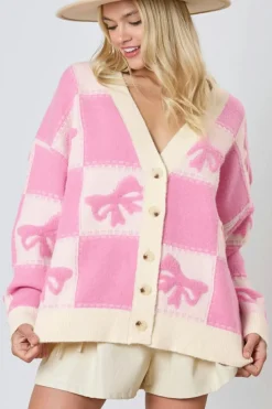 Fashion Dear-Lover Bowknot Checkered Pattern V Neck Drop Shoulder Button Up Cardigan Pink