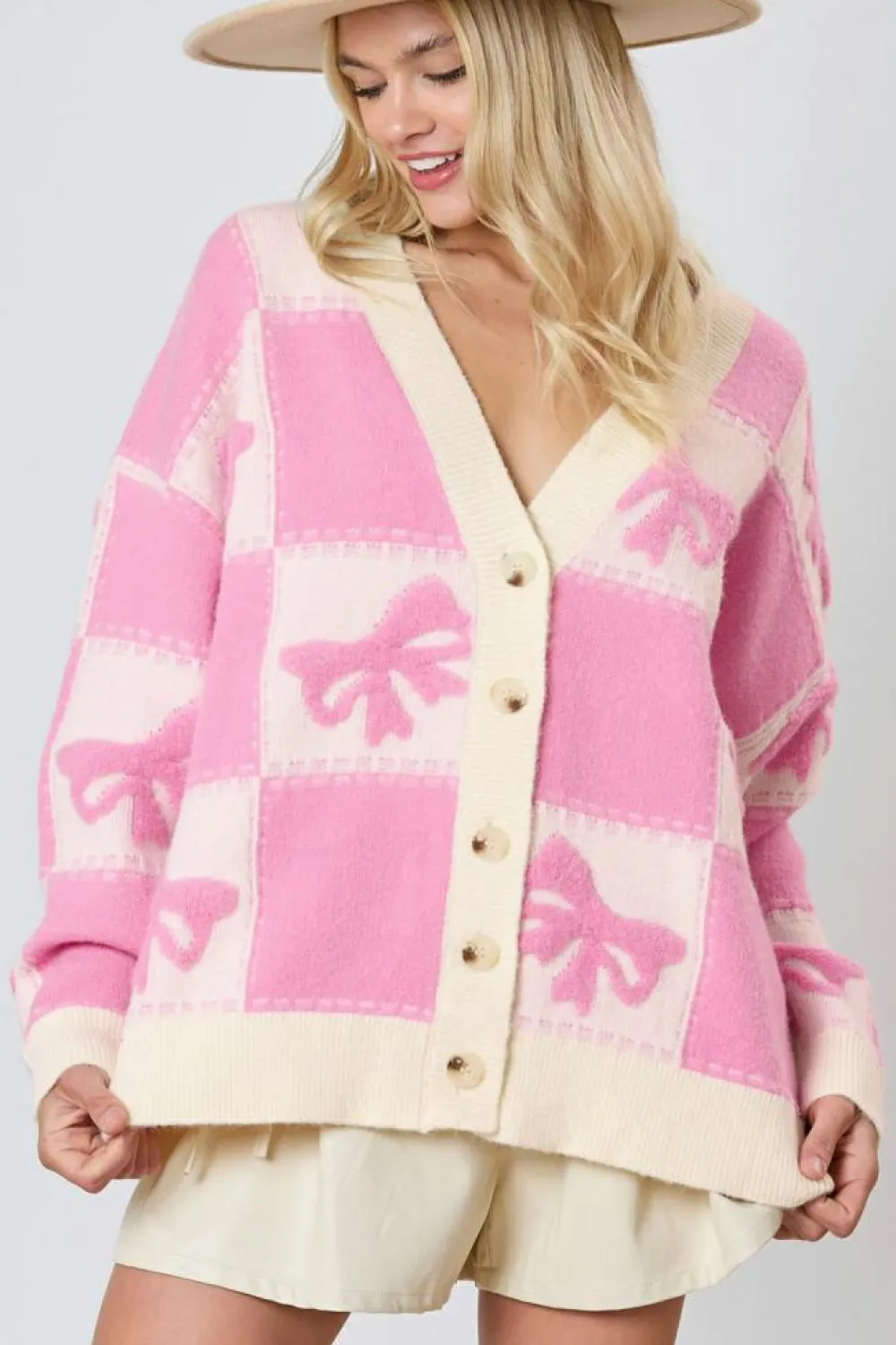 Fashion Dear-Lover Bowknot Checkered Pattern V Neck Drop Shoulder Button Up Cardigan Pink