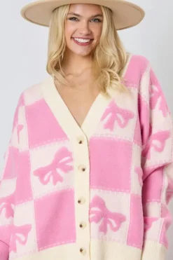 Fashion Dear-Lover Bowknot Checkered Pattern V Neck Drop Shoulder Button Up Cardigan Pink