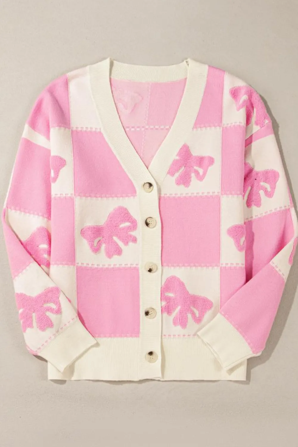 Fashion Dear-Lover Bowknot Checkered Pattern V Neck Drop Shoulder Button Up Cardigan Pink